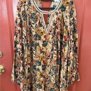 Umgee Floral Mini Dress in Cream with Blue and Red Accents